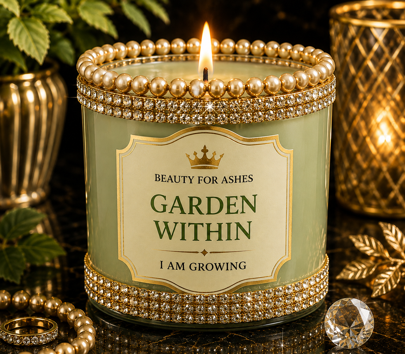 Garden Within Reflection Candle - I Am Growing - Gold Rhinestone & Pearl Crown - Beauty for Ashes Global