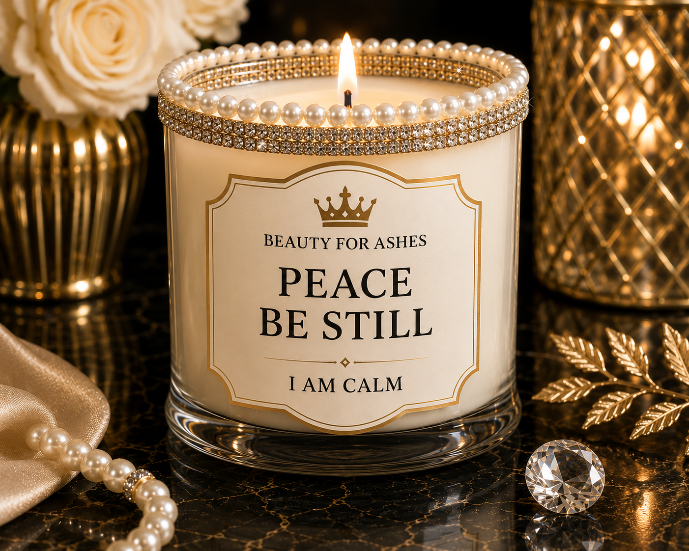 Peace Be Still Reflection Candle - I Am Calm - Pearl & Rhinestone Crown - Beauty for Ashes Global